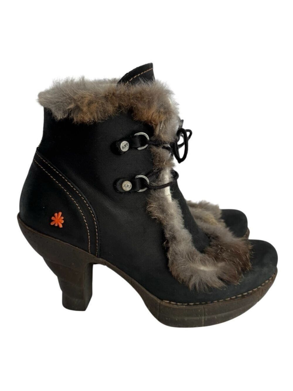 The Art Company Nubuck Leather Lace-Up Ankle Boots Sz 37 US 6.5 Heeled Fur Trim